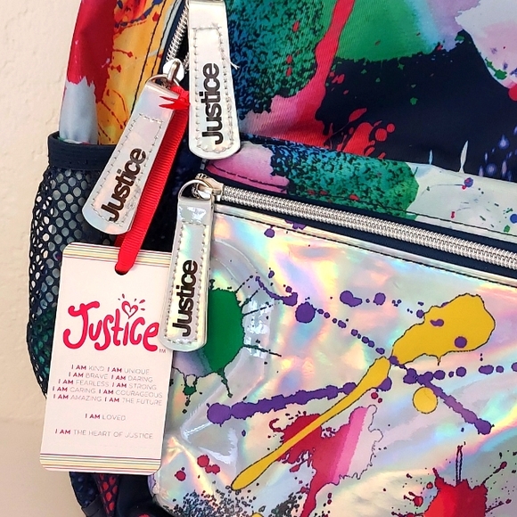 Girls 17" Justice Backpack Iridescent Blue Multi-Color Splatter - Picture 6 of 9